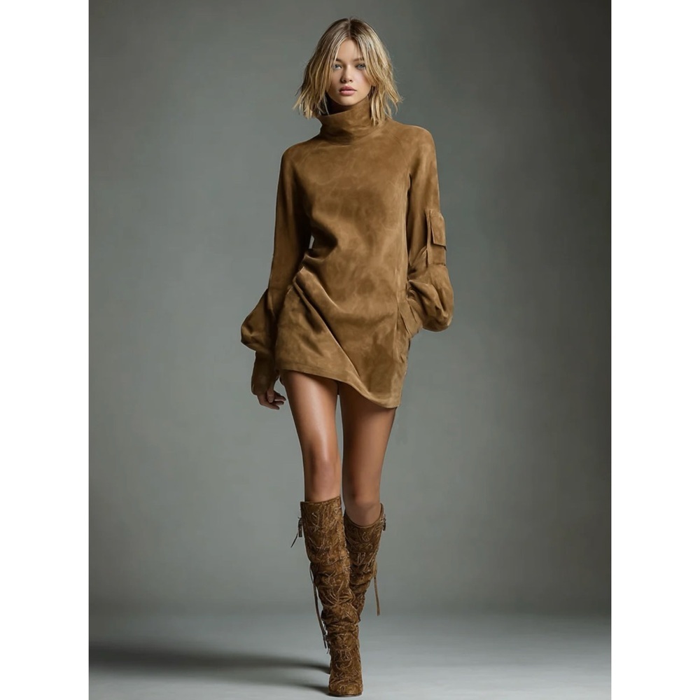 Modesees Utilitarian Suede Faux Long Sleeve High Neck Mini Dress Tunic Size M